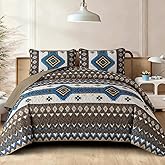 Dintszyayue Boho Quilt Set Queen Size, Aztec Western Brown Quilt Bedspread Set, 3 Pieces Bohemian Southwestern Stripe Bedding Set Soft Lightweight Coverlet Set for All Season
