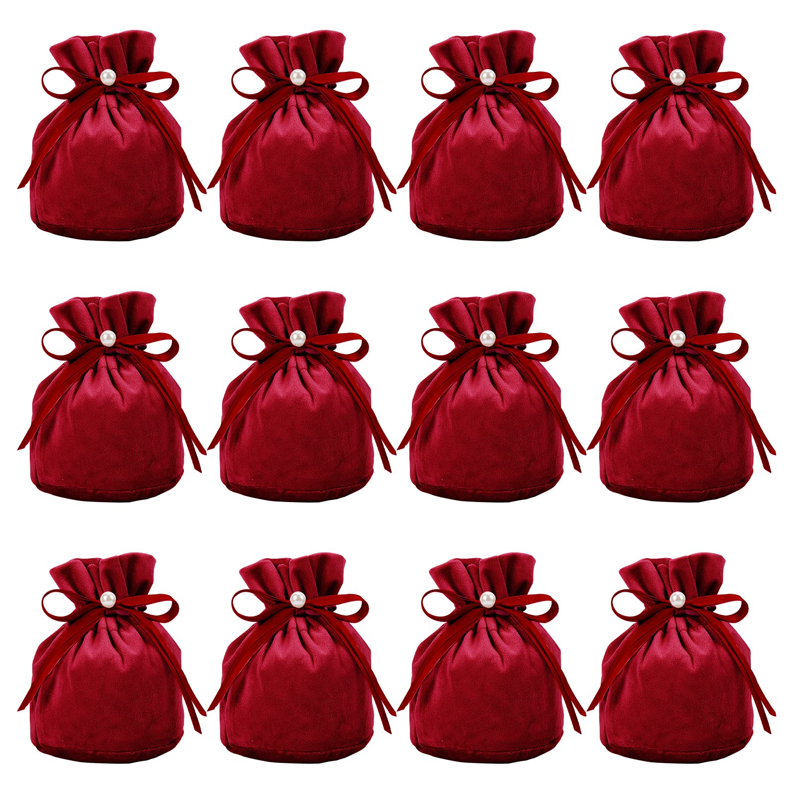 NBEADS 12 Pcs Velvet Bags, 13.2x14cm Drawstring Jewelry Pouches with Plastic Imitation Pearl Reusable Gift Bags for Wedding Birthday Party Favors, Gift Packaging, Dark Red