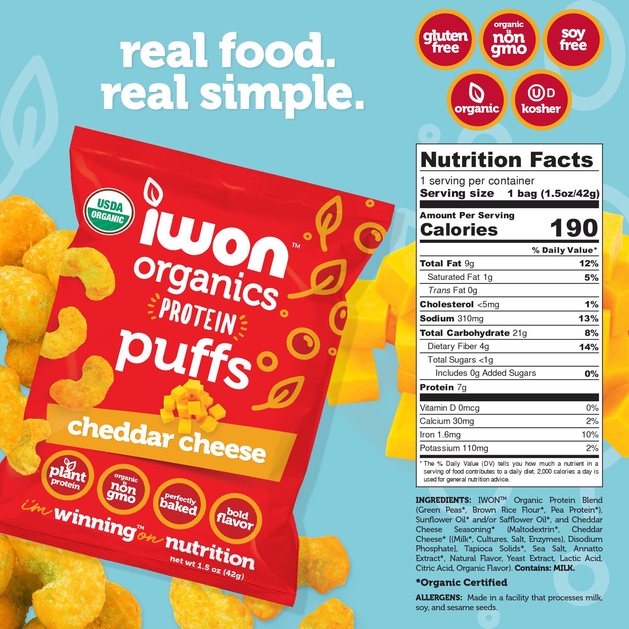 IWON Organics Cheddar Cheese Flavor Protein Puff, High Protein and Organic Healthy Snacks, 8 Bags