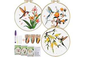 ERKOON 3 Sets Embroidery Kit, Hummingbird Cross Stitch Set for Include Embroidery Cloth Hoops Threads for Craft Lover Hand Stitch (Hummingbird)