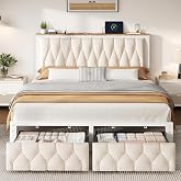 Decofy Queen Bed Frame with 2 Storage Drawers, Upholstered Platform Bed Frame with Charging Station, Metal Slat Support, No Box Spring Needed, Noise-Free, Beige