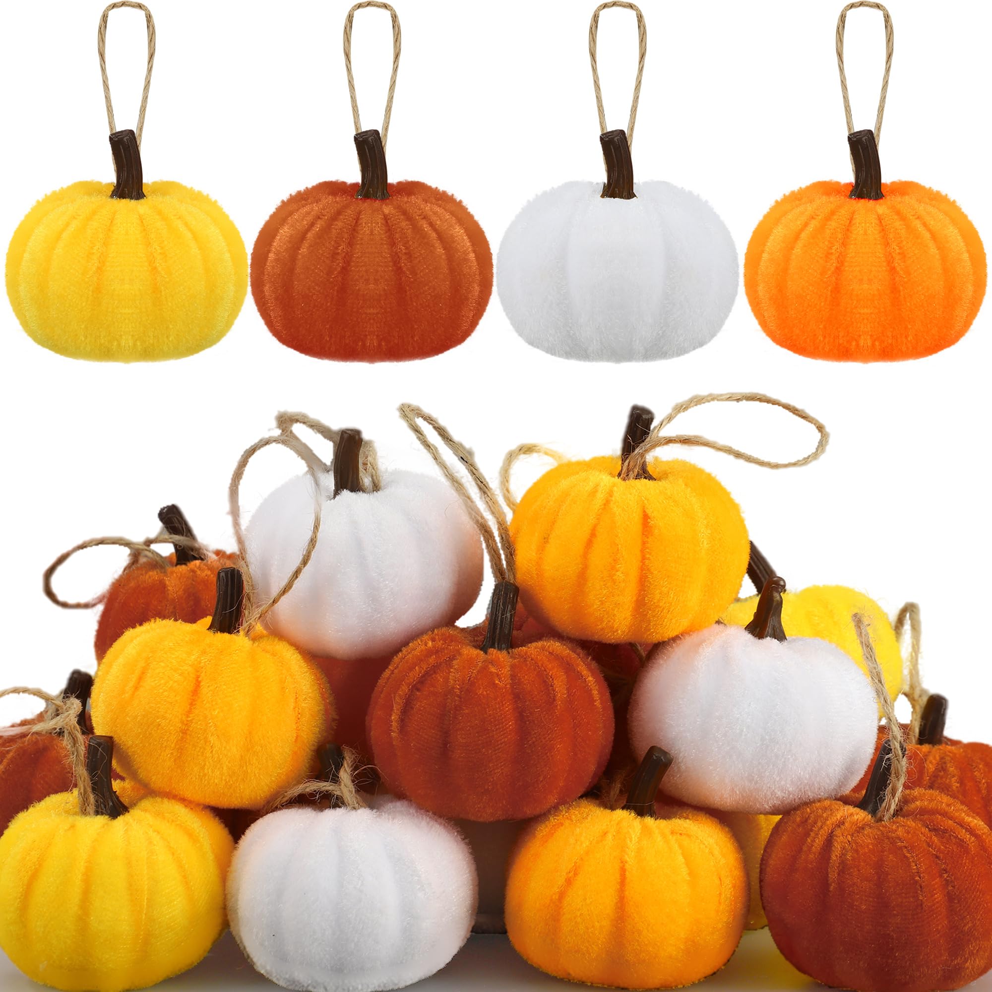 Photo 1 of 16 PCS Fall Thanksgiving Pumpkin Hanging Ornaments Velvet Fabric Pumpkin Hanging Small Tree Ornament 2.2" Orange Pumpkins Ball Tree Decoration for Fall Thanksgiving Home Farmhouse Harvest Party Decor