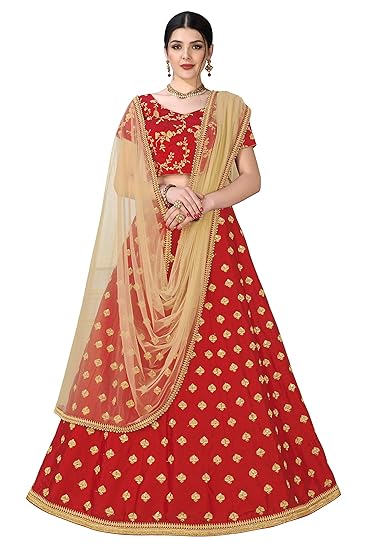 Womens Satin Silk Fabric Lehenga Cholis Semi-Stitched with Can Can Net Inner (Red, Free Size)