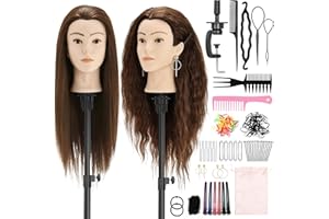 Yekavo Mannequin Head with 90% Human Hair, 24" Female Real Hair Cosmetology Mannequin Head Hair Styling Manikin Head Doll Head for Hairdresser Practice Training with Clamp Holder and Tools (Brown)