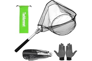 TACKLURENET Folding Kayak Fishing Net with Aluminum Alloy Frame Rubber-Coated Nylon Net for Small Fishing Net Fishing Landing Net for Non-Slip Gloves Storage Bag