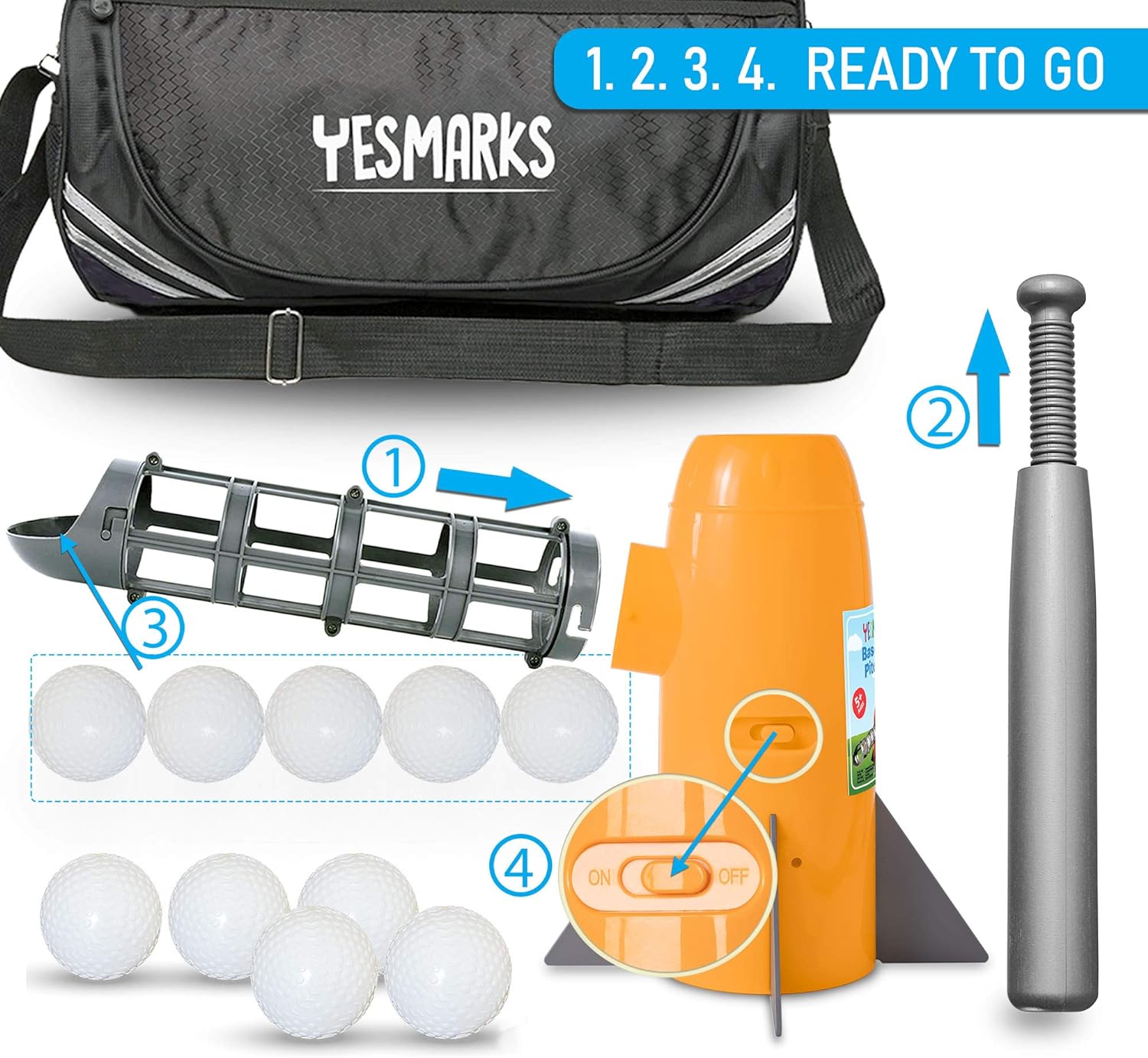 YESMARKS Kids Auto Baseball Pitching Machine Outdoor Toy Set - Training Equipment & Practice Toys for Children - Operated Automatic Pitcher, Collapsible Plastic Bat, 10 PP Baseballs, Sports Bag: Toys & Games