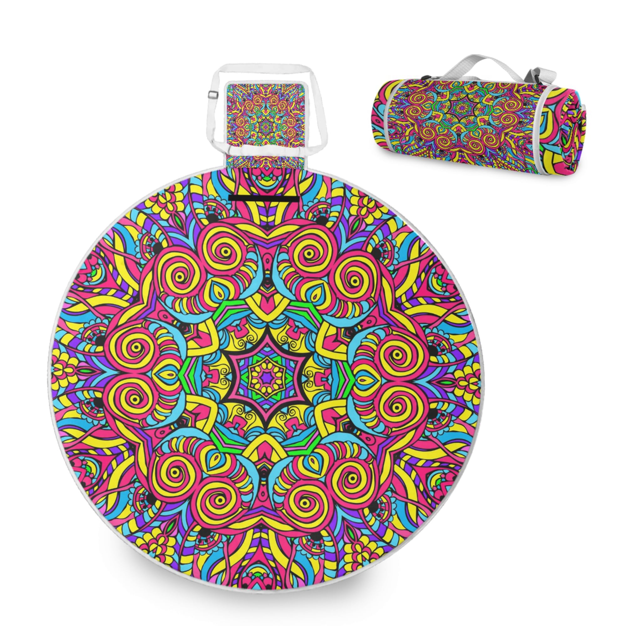 ALAZA Round Waterproof Picnic Blanket, Colorful Mandala Floral Portable Folding Indoors Rug Outdoors Mat for Travel Hiking Camping Park, 148cm