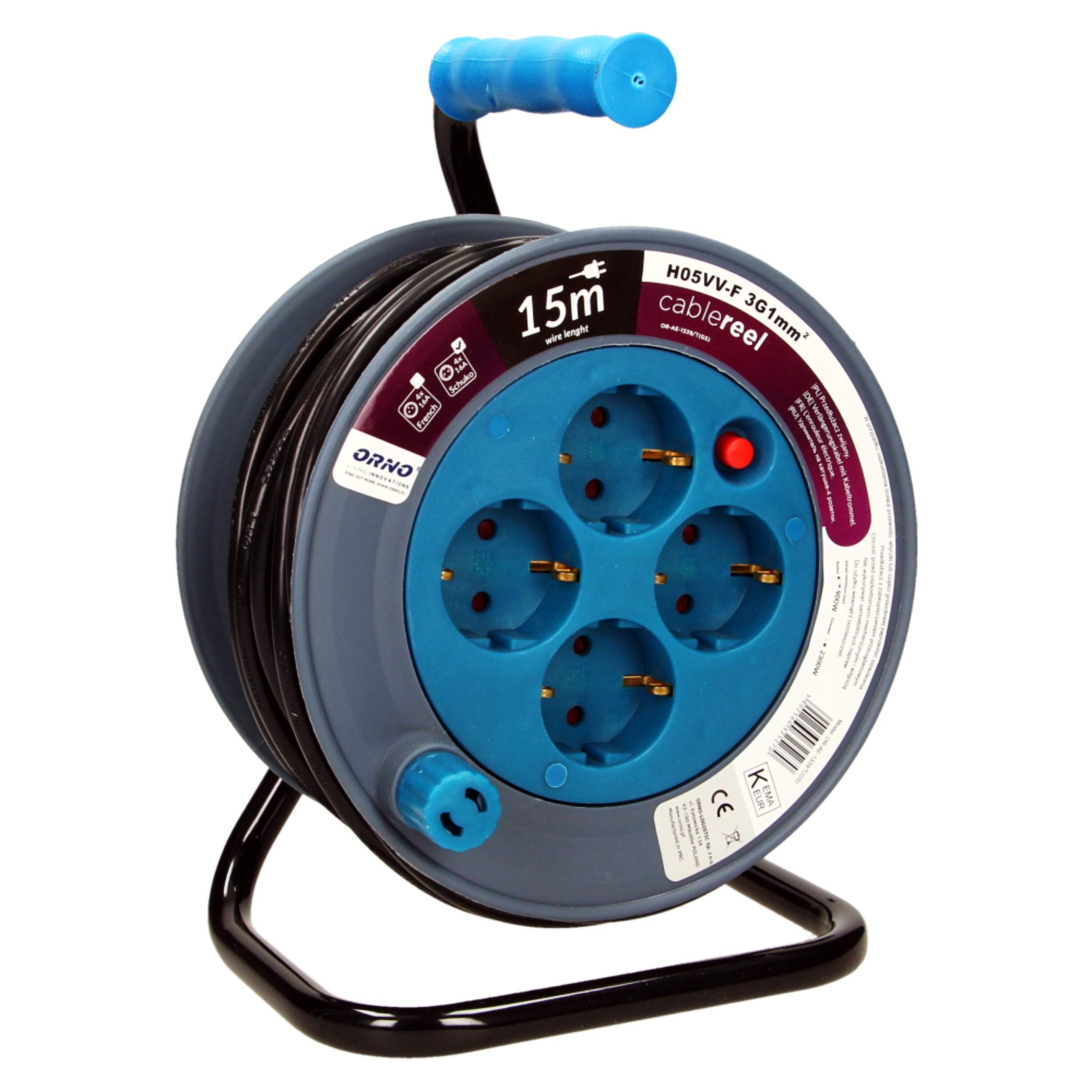 Orno AE-1339 Mini Cable Reel 15 m with 4 Sockets, Metal Stand and Thermal Protection, 2300 W / 10 A, 230 V, 50 Hz, 18 x 24.5 x 14 cm (Blue)