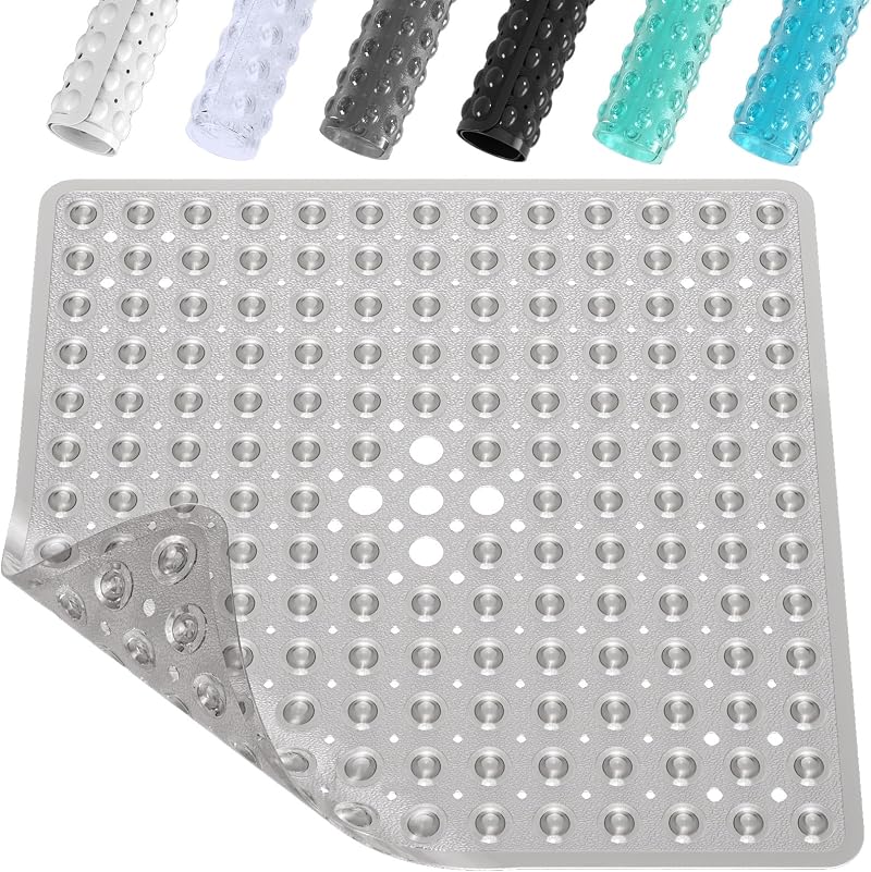 XIYUNTE Shower Mat Non Slip Anti Mould 53x53cm Grey with Drain Holes & Suction