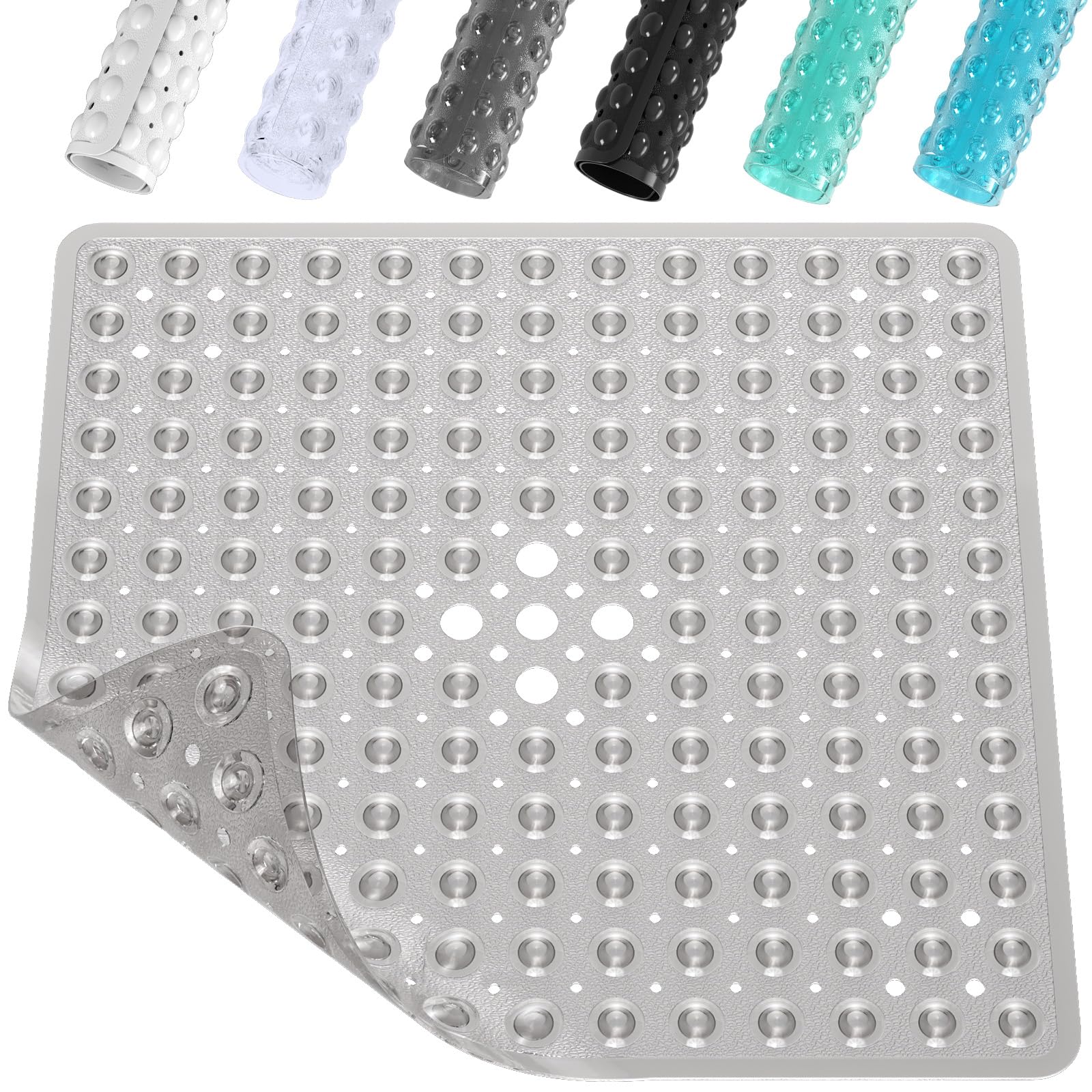XIYUNTE Shower Mat Non Slip Anti Mould - 53 x 53cm Square Bath Mat Non Slip Shower Mats for Inside Shower, Anti Slip Shower Mat with Strong Suction Cups & Drain Holes, Machine Washable, Grey