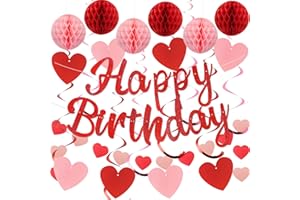 YEOCU Birthday Decorations, NO DIY, Pre-Strung Happy Birthday Banner with Honeycomb Balls, Hanging Swirls, Circle Dots Garland, Happy Birthday Party Decorations for Women Men Boys Girls (Red)