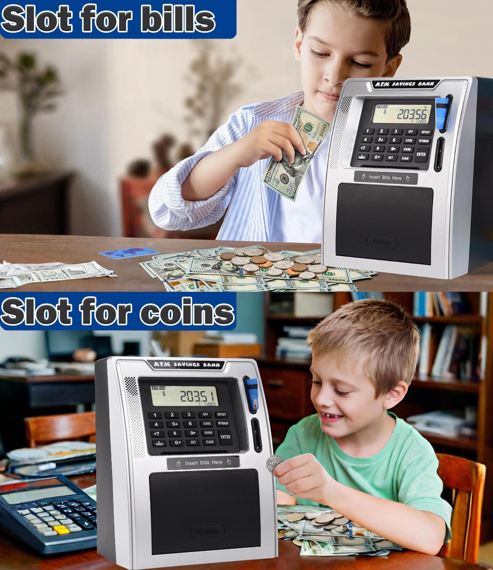 Fishboy Talking ATM Piggy Bank for Kids with Dual Debit Cards, Power-Off Memory, Auto-Opening Drawer for Real Money for Boys, Onekey Shutdown, Bill Feeder, Coin Recognition, Balance Calculator Machine