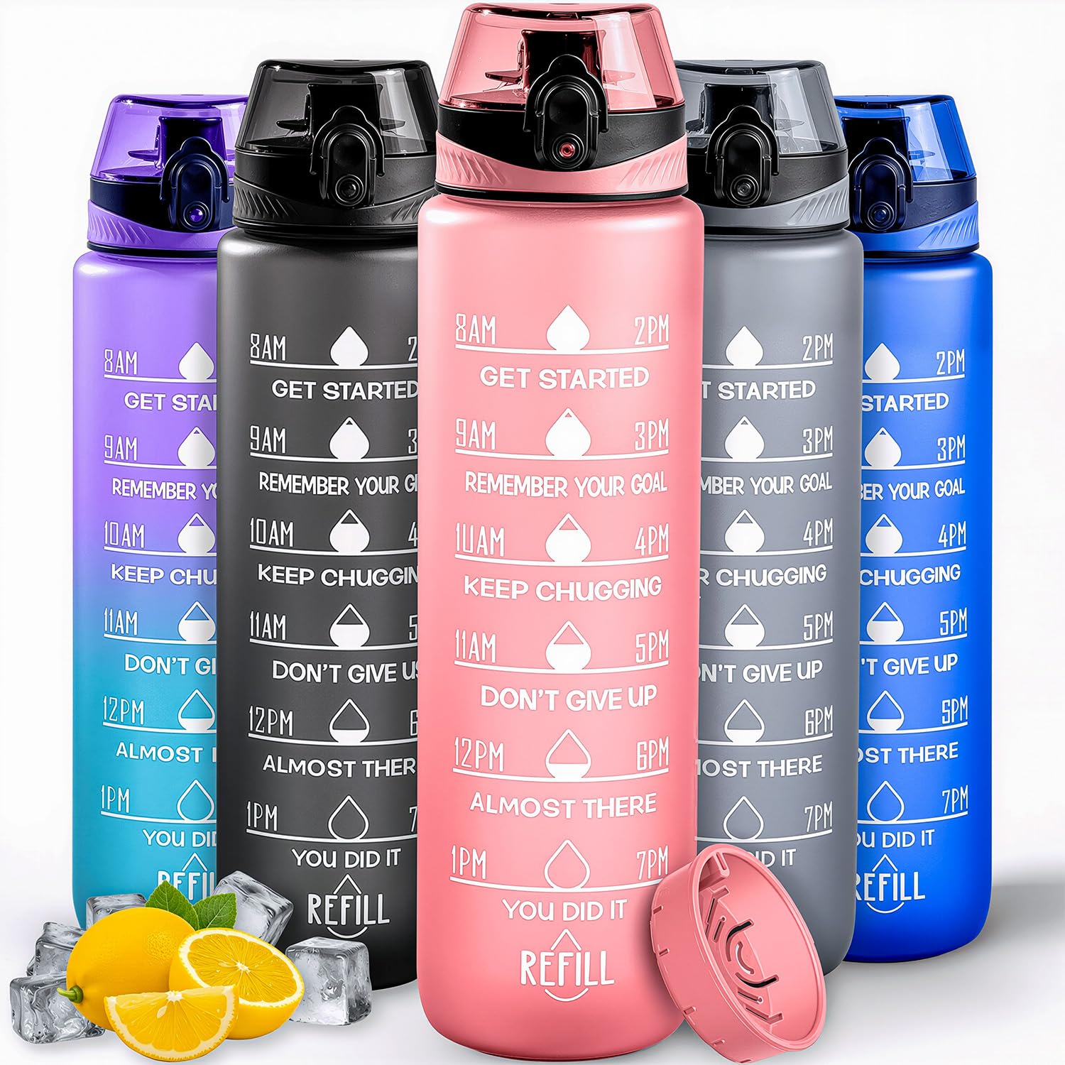 Active 100 Water Bottle 1L Sports Water Bottle with Motivational Time Marker, Leak-Proof Drink Bottle BPA Free Non-Toxic for Running, Cycling, Gym, School & Office