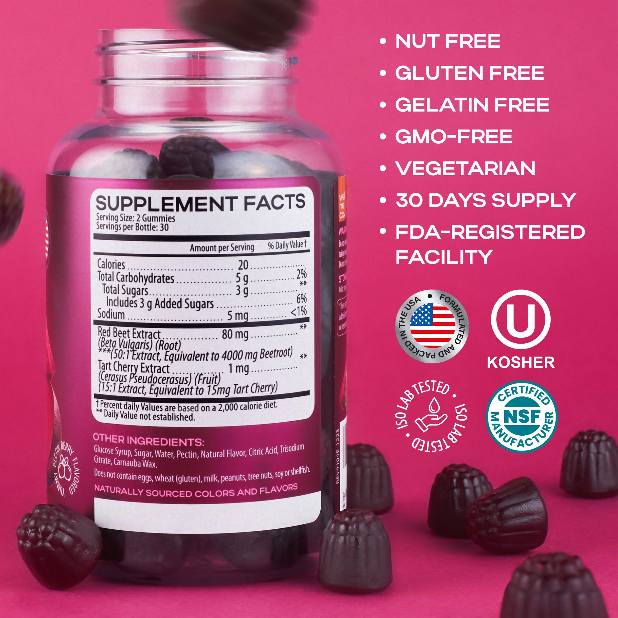 Beet Chews for High Blood Pressure - Beet Root Gummies Made in USA with Tart Cherry - Nitric Oxide Supplements for Energy and Cardio Health - Vegan, No GMO, Pectin Based - for Women and Men, 60 Pcs