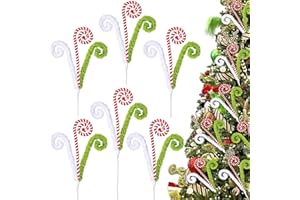RINOLY 6 Pcs Christmas Tree Topper,16 in Red Green White Candy Cane Christmas Tree Decorations,Woolen Curly Christmas Tree Picks Ornaments for Holiday Decorations Vase Filler Garland (Green)