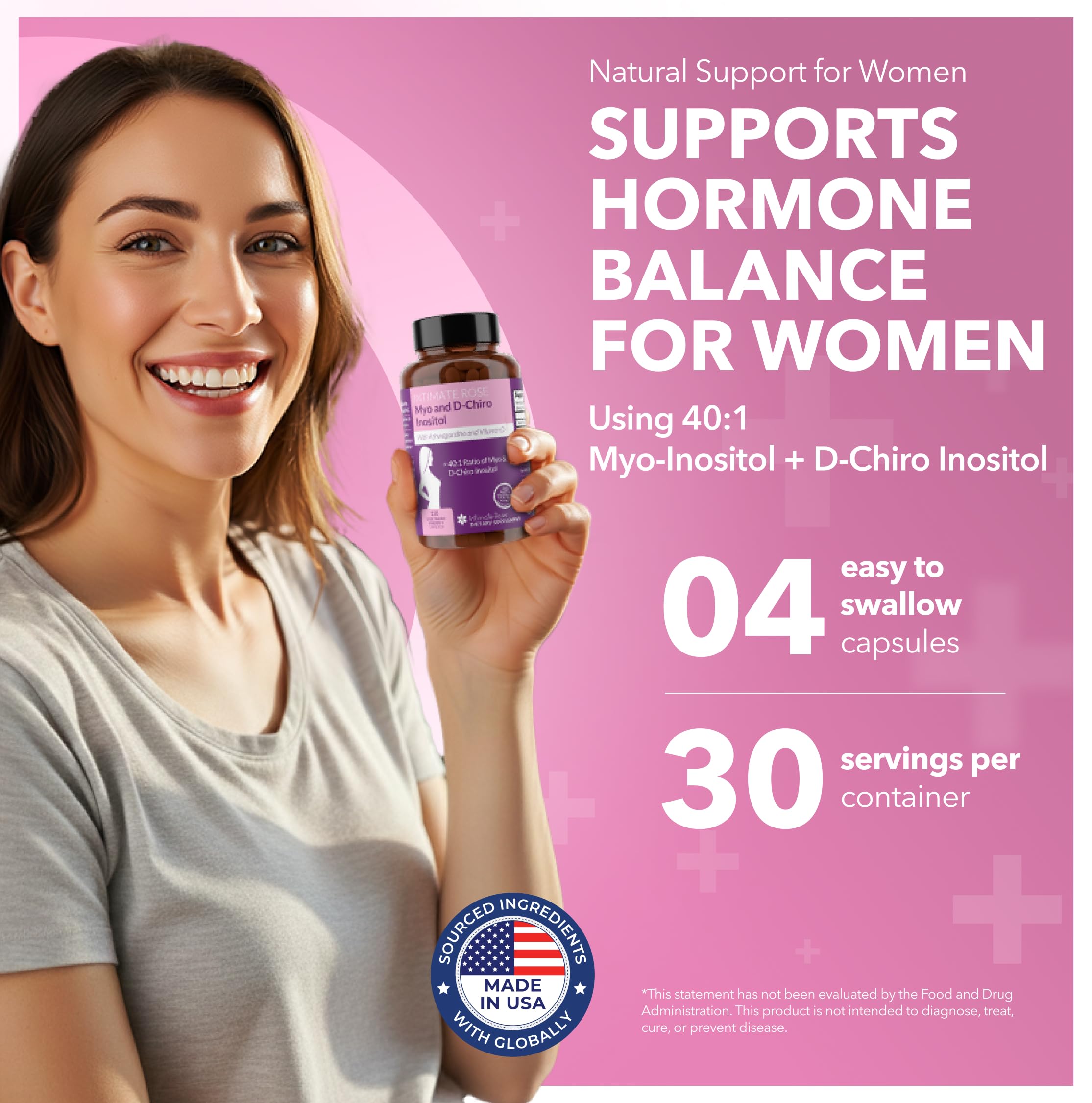 Intimate Rose Myo-Inositol & D-Chiro Inositol Supplement for Women - Hormone Balance & Ovarian Support for Women - Ideal 40:1 Ratio, Vitamin D3 + Ashwagandha