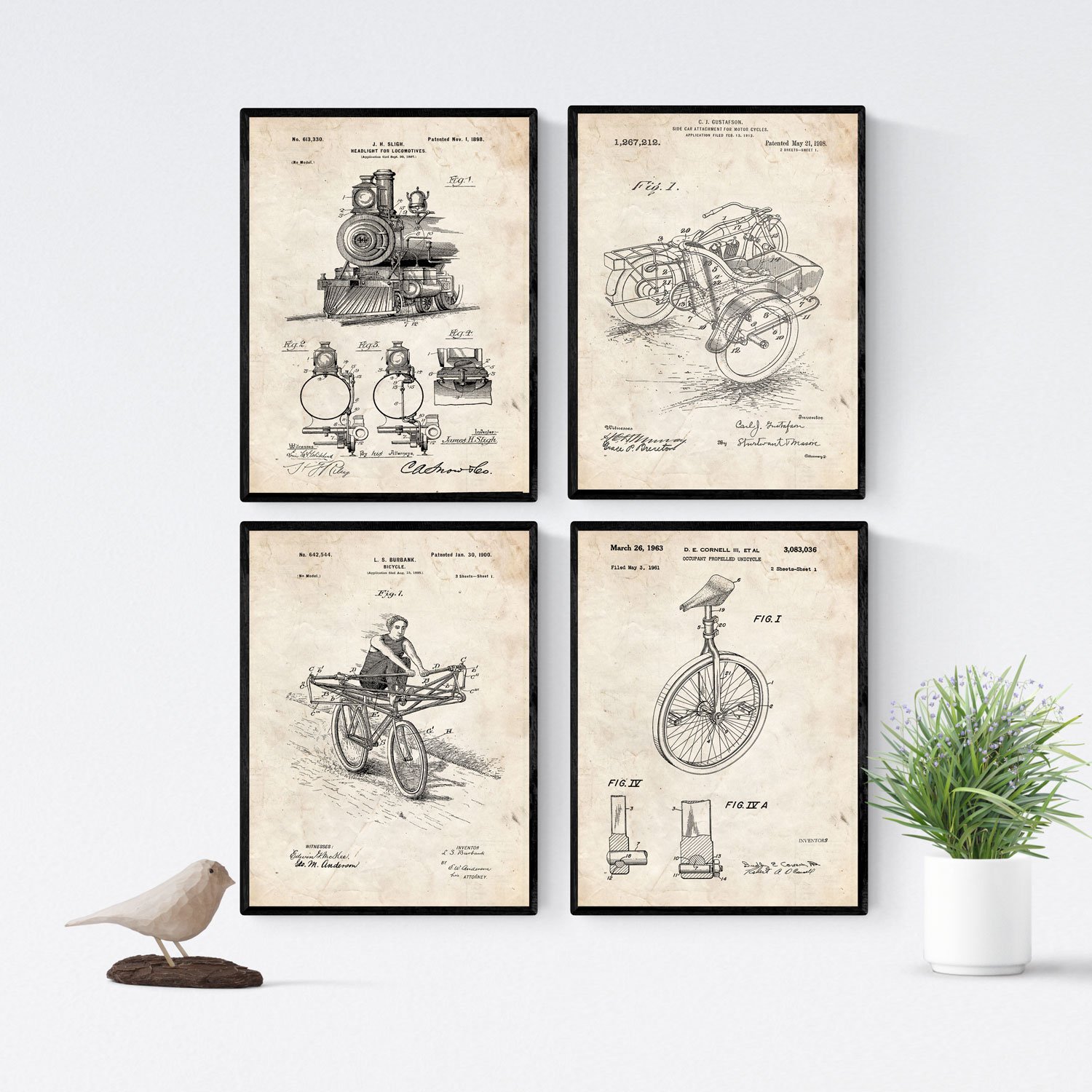 Nacnic VINTAGE - Pack of 4 sheets with PATENTS vehicle. Set posters with inventions and old patents. Choose the color you like. Printed on 250 grams