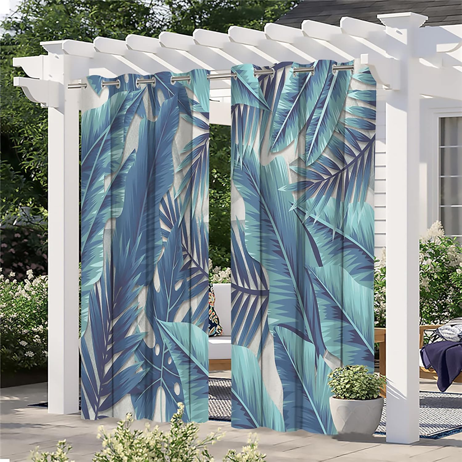 Outdoor Curtains - Linfye Upgraded Waterproof Outdoor Curtains for Patio Green Palm Leaves 3D Printed Fade Resistant Outdoor Blackout Curtains, Privacy Curtains for Gazebo, Pergola, Garden, 2 Panels 54 x 95 inch