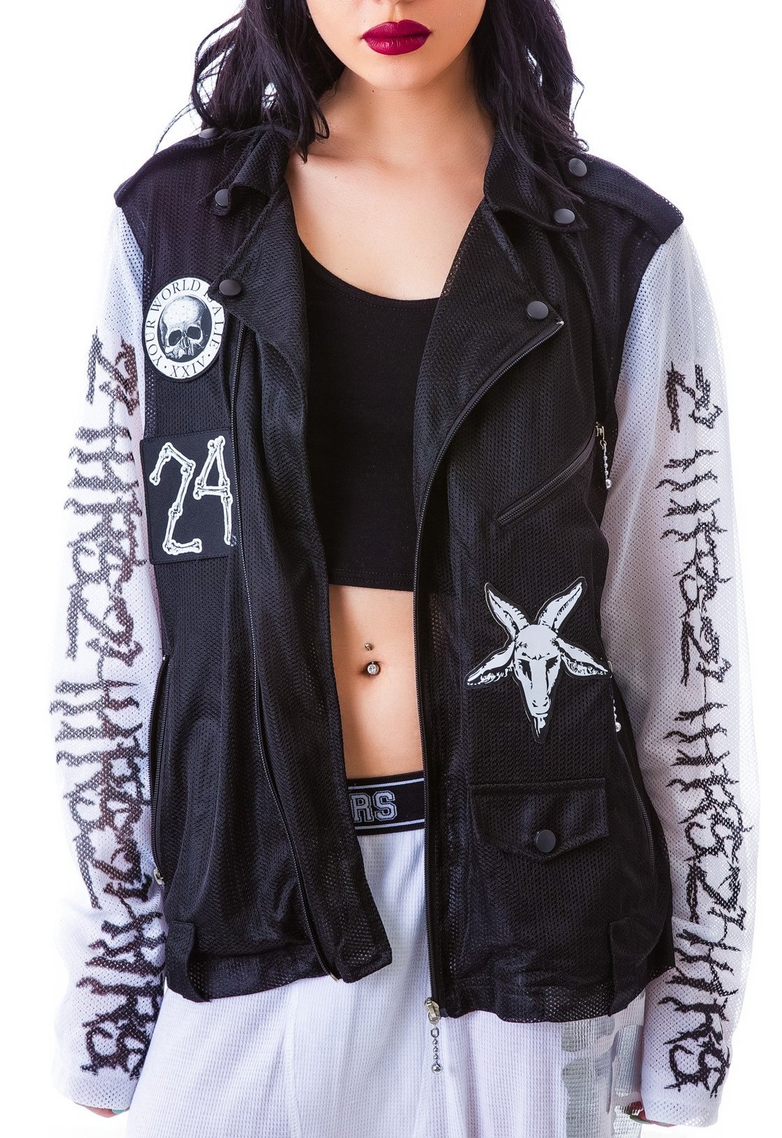Lip Service 24hrs Unisex Gothic Rocker Mesh to Death Patched Moto Jacket