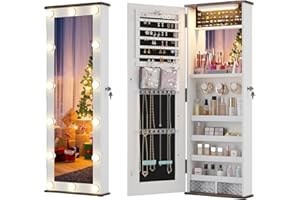 Dystler Farmhouse Jewelry Cabinet with LED 10 Light Bulbs, Lockable Over the Door Jewelry Organizer with Mirror, Hanging Jewelry Armoire with Full Length Mirror for Girls/Women, Antique White