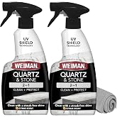 Weiman Quartz &amp; Stone Countertop Cleaner and Polish, 2 Pack with Towel | UV Shield Technology, Removes Grease, Watermarks, Grime, Prevent Yellowing &amp; Fading, Streak-Free, Citrus Scent