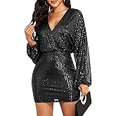 ZAFUL Women's Sequin Saprkly Mini Dress Long Sleeve Homecoming V Neck Bodycon Dress Party Prom Cocktail Glitter Dress