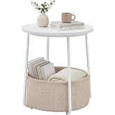 SONGMICS HOME Small Side Table, Round End Table, 2 Tier Nightstand with Basket, U Shaped Steel Legs, Easy Assembly, for Living Room, Bedroom, White and Brown