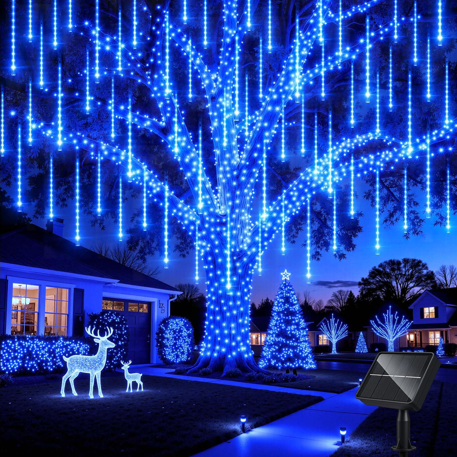 Photo 1 of ***(PARTS ONLY/ MISSING PARTS/ NON FUNCTIONAL)***Minetom Solar Meteor Shower Lights 20 Tubes 16 Inch 720 LED Solar Christmas Lights Outdoor Waterproof, Snow Cascading String Lights for Outside Christmas Halloween House Tree Decoration, Blue