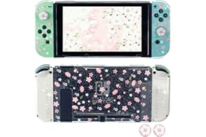 FANPL Glitter Clear Case for Nintendo Switch, Hard Shell Cute Protective Case Cover for Switch and Joy Con Controller with 2 Glitter Cherry Blossoms Thumb Grips - Embossed Feel (Pink Sakura Snow)
