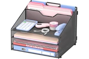 4-Tier Desk Organizer with File Holder, Desktop Letter Tray Holder with 3 Paper Trays and 2 Vertical Section for Folder, Blac