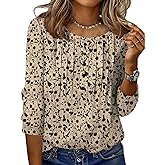 Zeagoo 3/4 Length Sleeve Womens Tops Round Neck Casual Summer Tunic Tops Basic Tees Blouses Dressy T-Shirts Pleated Shirts