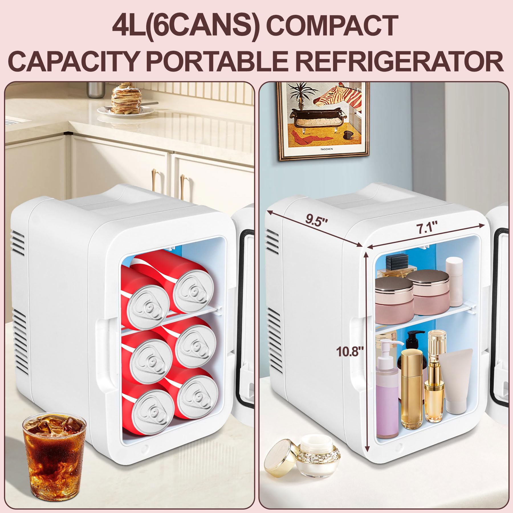 Chsuiwe Mini Fridge, Skincare Fridge With Dimmable LED Light Mirror, 4L/6 Cans Makeup Mini Fridge for Bedroom, Cooler & Warmer, AC/DC Powered Small Portable Refrigerator for Car, Office and Food-White - Image 4