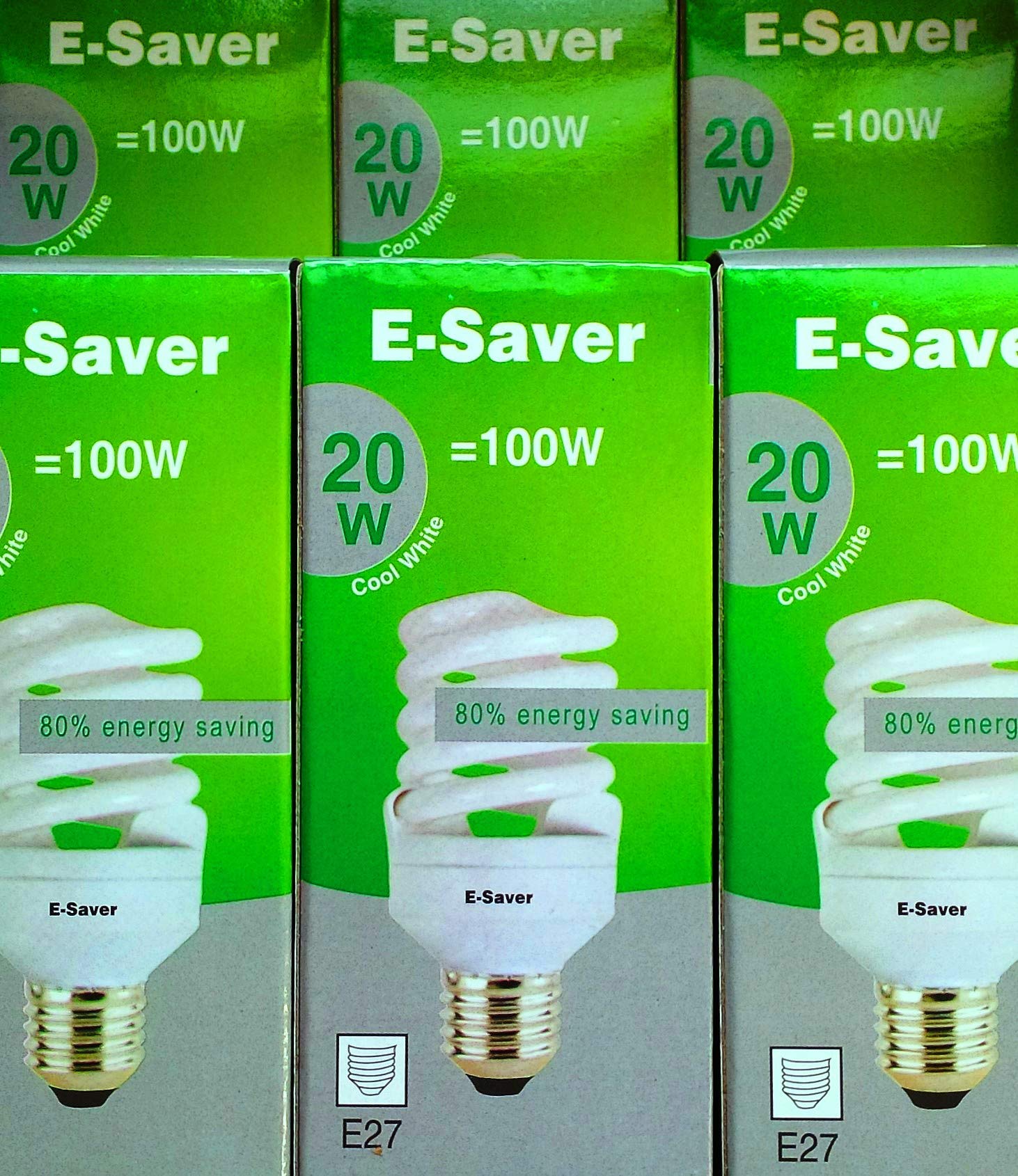 E-Saver - CFL Full Spiral - Energy Saving Light Bulbs -20w = 100 Watt - (Pack of 6) - 4200k Cool White Light Bulbs - Screw in Cap - Screw Edison (ES - E27 Bulb)