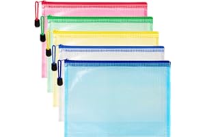 MAQIHAN Mesh Zipper Pouch Bags - 5 Pack Waterproof Zipper Bags 13.2 x 9.4 Inch Clear Mesh Storage Pouches Assorted Colors for Home, Office, School, Travel, Puzzles, Board Game, Cosmetic, Accessories