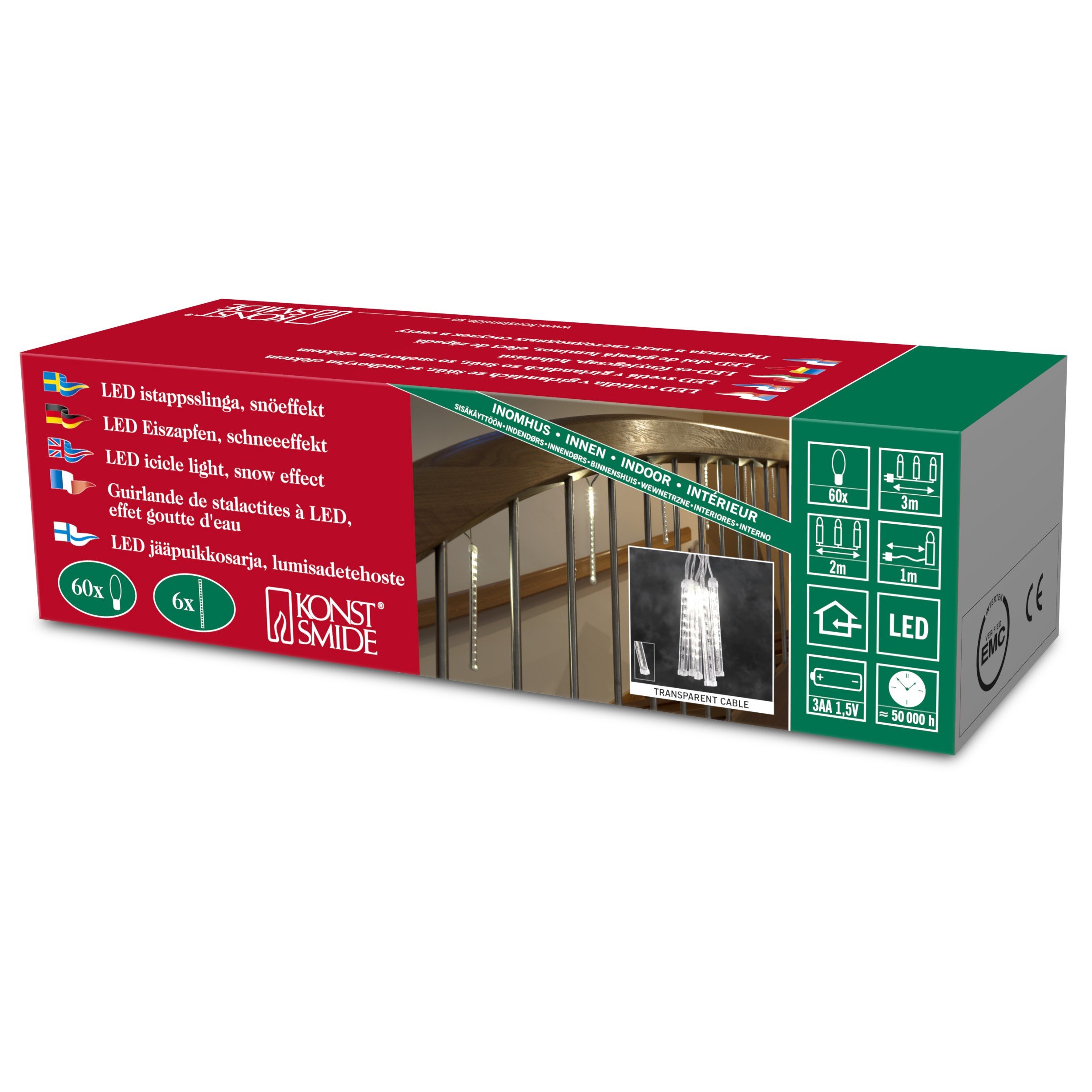 Konstsmide 2760 LED Curtain Fairy String Lights with 6 Light 3 AA Batteries 1.5 V/for Indoor Use, VDE Approved/Battery Operated/Sparkling Snow Effect/60 Warm White LEDs, Clear Cable