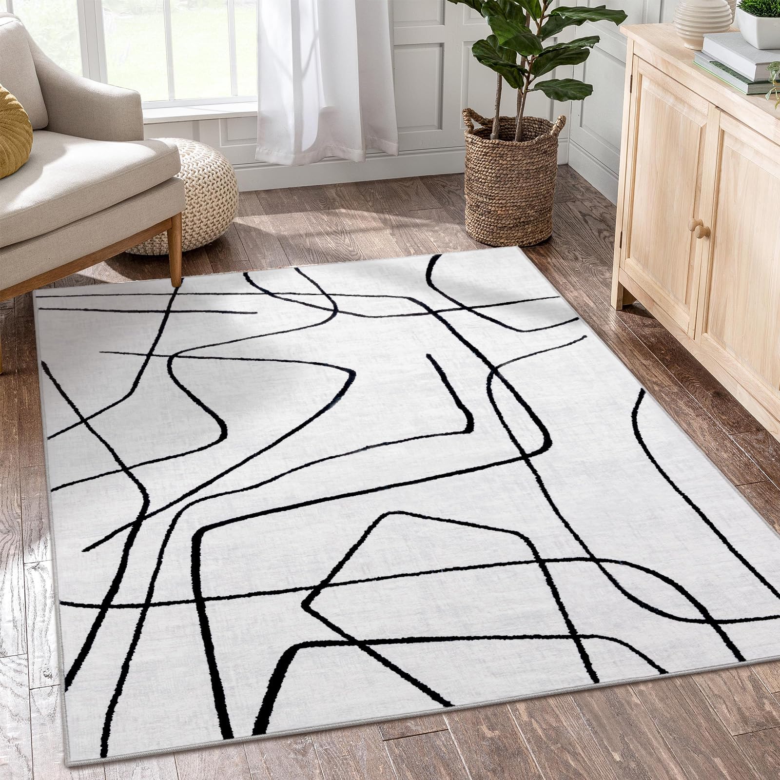 New York Contemporary Machine Made Black White Rug 5'3 x 7'6 main image 0