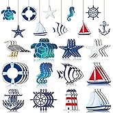 Tradder 36 Pcs Beach Wooden Ornaments for Tree Nautical Hanging Decorations Wood Beach Tree Ornaments Mini Anchor Sea Life Starfish Sailboat Coastal Decor for Summer Home Fishing Net Craft Sailor Gift
