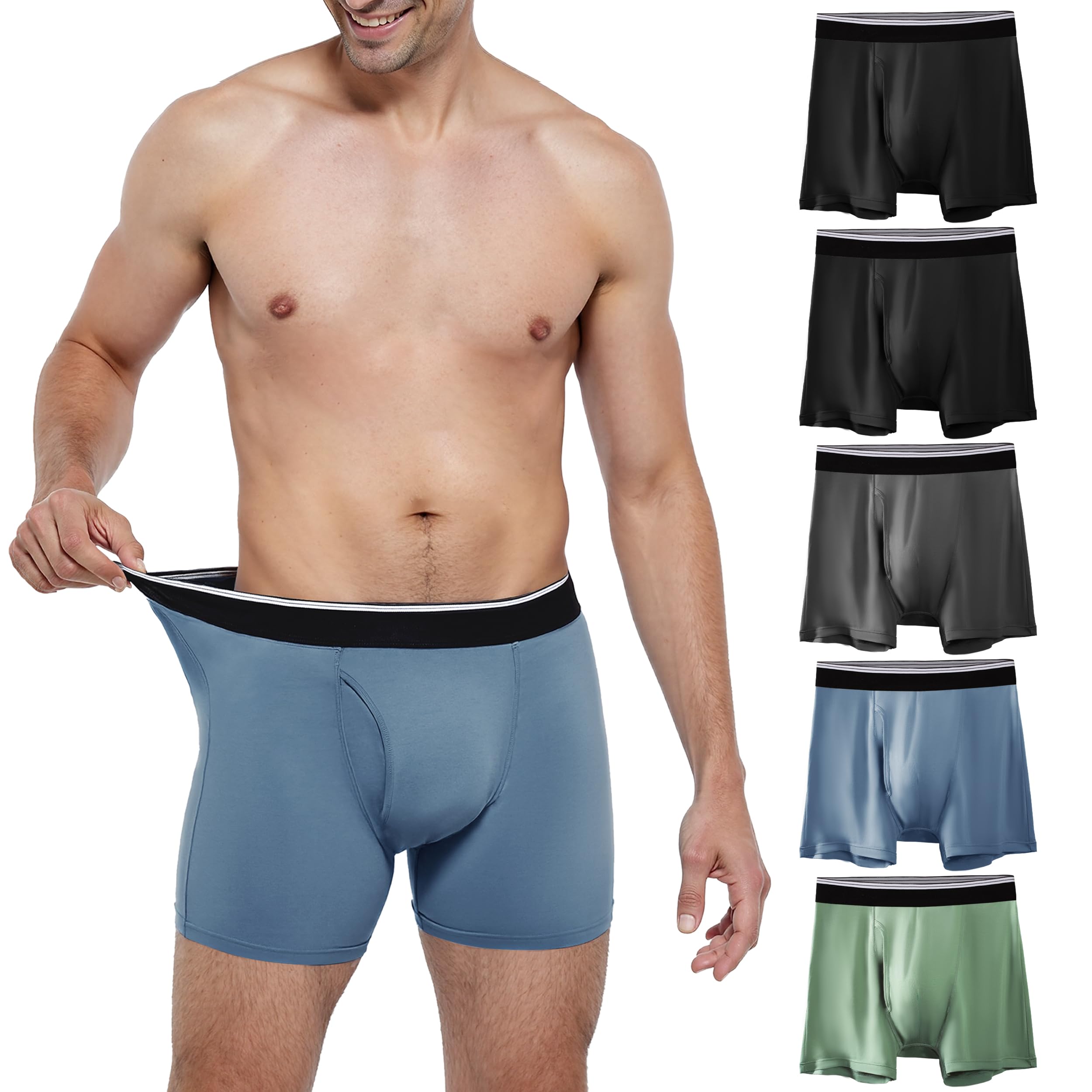 Photo 1 of TIICHOO Incontinence Underwear for Men Washable Soft Reusable Leakproof Boxer Briefs with Front Fly 5 Pack(Large,2 Black/1 Dark Grey/1 Green/1 Blue)