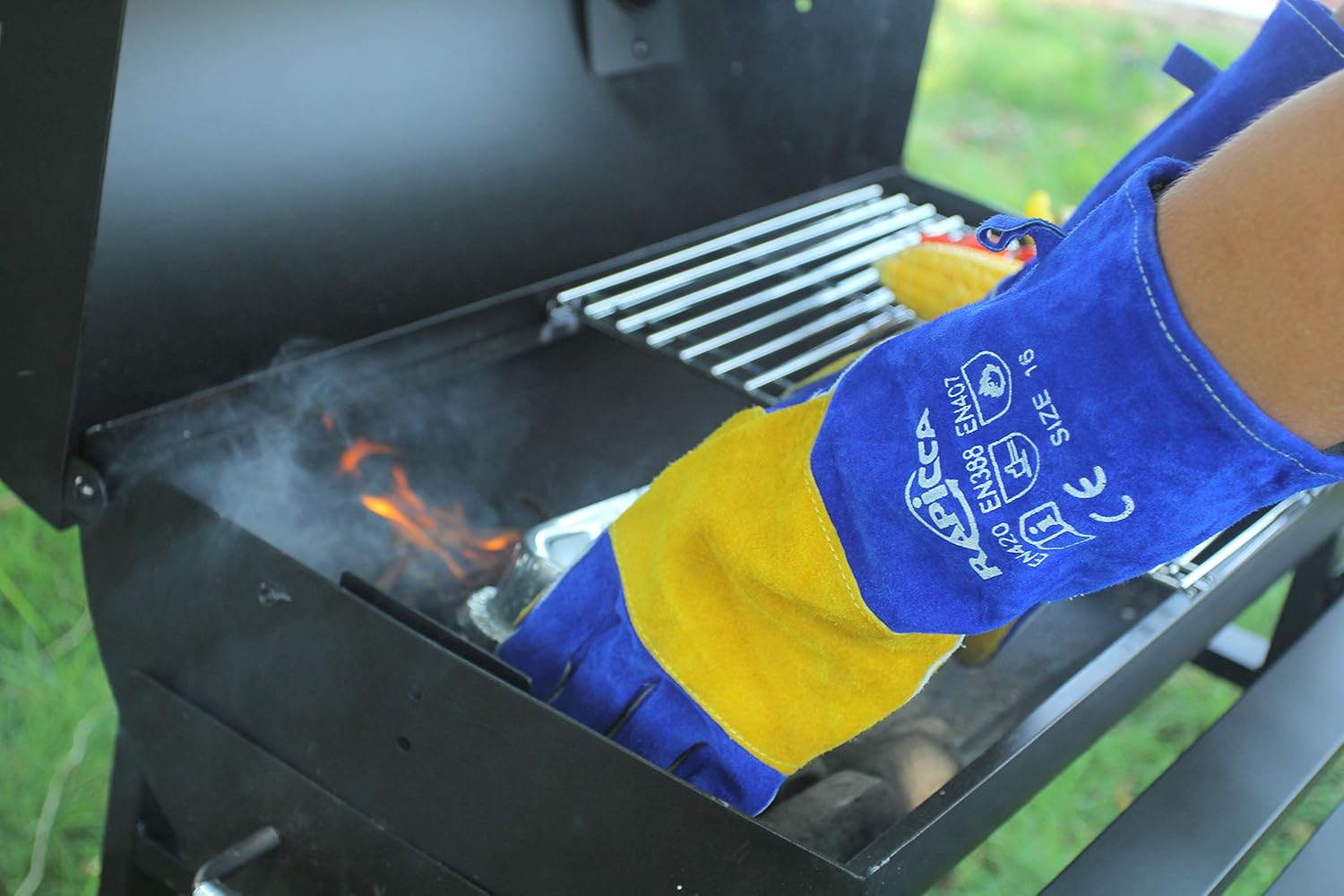RAPICCA 16 Inches, 932℉, Leather Forge/Mig/Stick Welding Gloves Heat/Fire Resistant, Mitts for Oven/Grill/Fireplace/Furnace/Stove/Pot Holder/Tig Welder/Mig/BBQ/Animal handling glove with 16 inches Extra Long Sleeve– Blue - - 