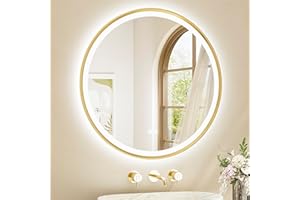 TETOTE Gold Round Led Mirror with Lights 30 Inch Metal Framed Round Circle Lighted Bathroom Vanity Mirror Wall Mounted, Front