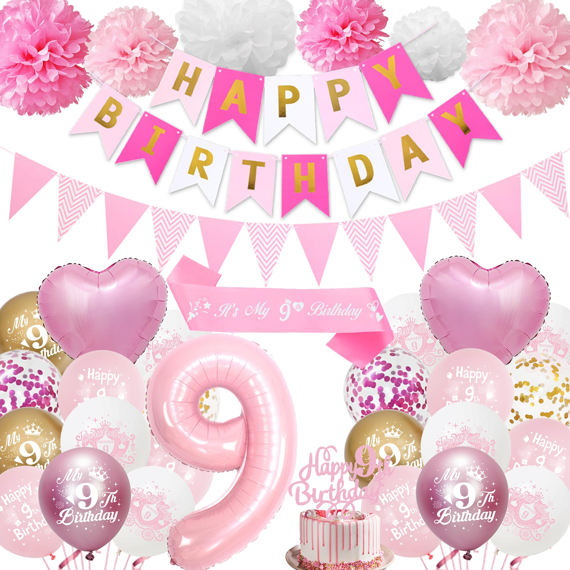9th Birthday Decorations for Girls Pink - Happy 9th Birthday Party Number 9 Balloon Latex Balloons Banner Pennant, Cake Topper Sash Tissue Paper Pom Poms for 9-Year-Old Decoration Supplies — image 1