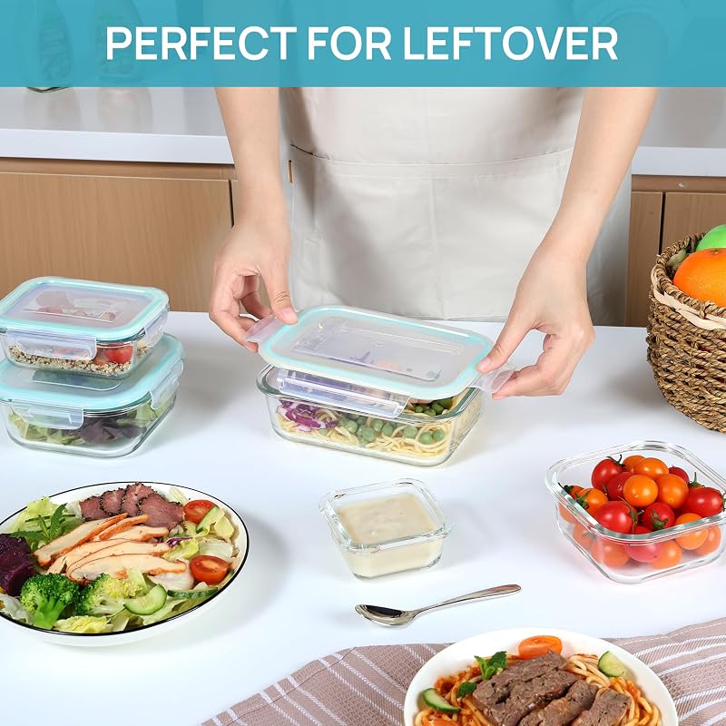 Vtopmart conjunto de 8 unidades recipientes de vidro para alimentos, recipientes de vidro herméticos com tampa, reutilizável, empilhável, máquina de lavar louça e cofre de micro-ondas, livre de BPA