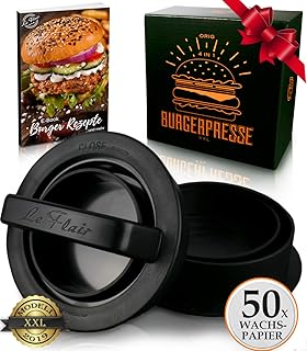 Le Flair XXL Burgerpresse-Set 4 in 1 -NEUES Modell 2019- mit E-Book | Burger Pattie Presse für Hamburger ideales Grillzubehör BBQ mit Backpapier Patty Maker Burger zum Grillen | Deutsche Marke