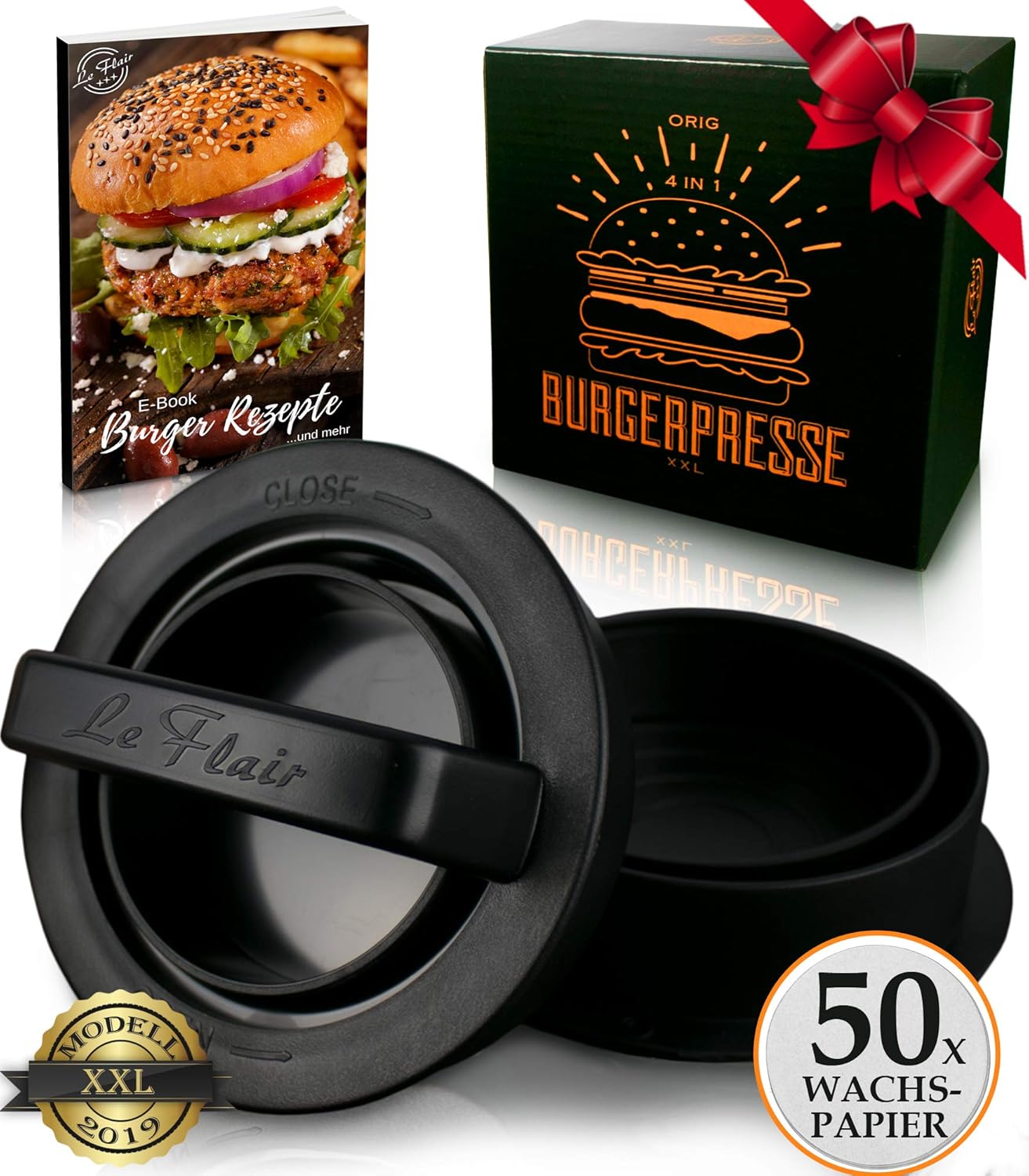 Le Flair XXL Burgerpresse-Set 4 in 1 -NEUES Modell 2019- mit E-Book | Burger Pattie Presse für Hamburger ideales Grillzubehör BBQ mit Backpapier Patty Maker Burger zum Grillen | Deutsche Marke
