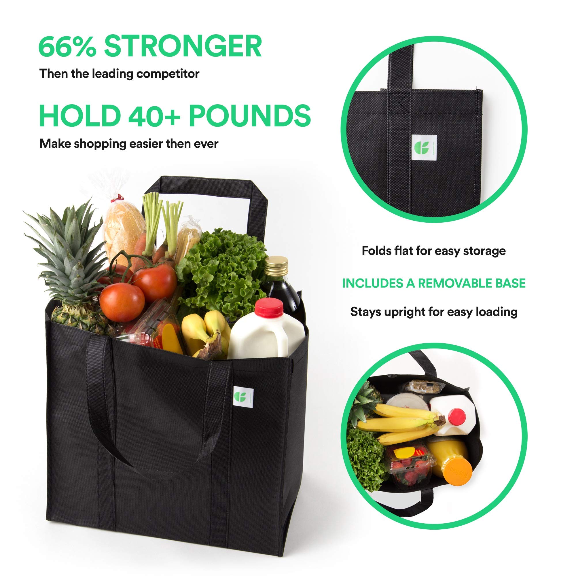 Reusable Grocery Bags (5 Pack, Black) Hold 40+ lbs Extra Large