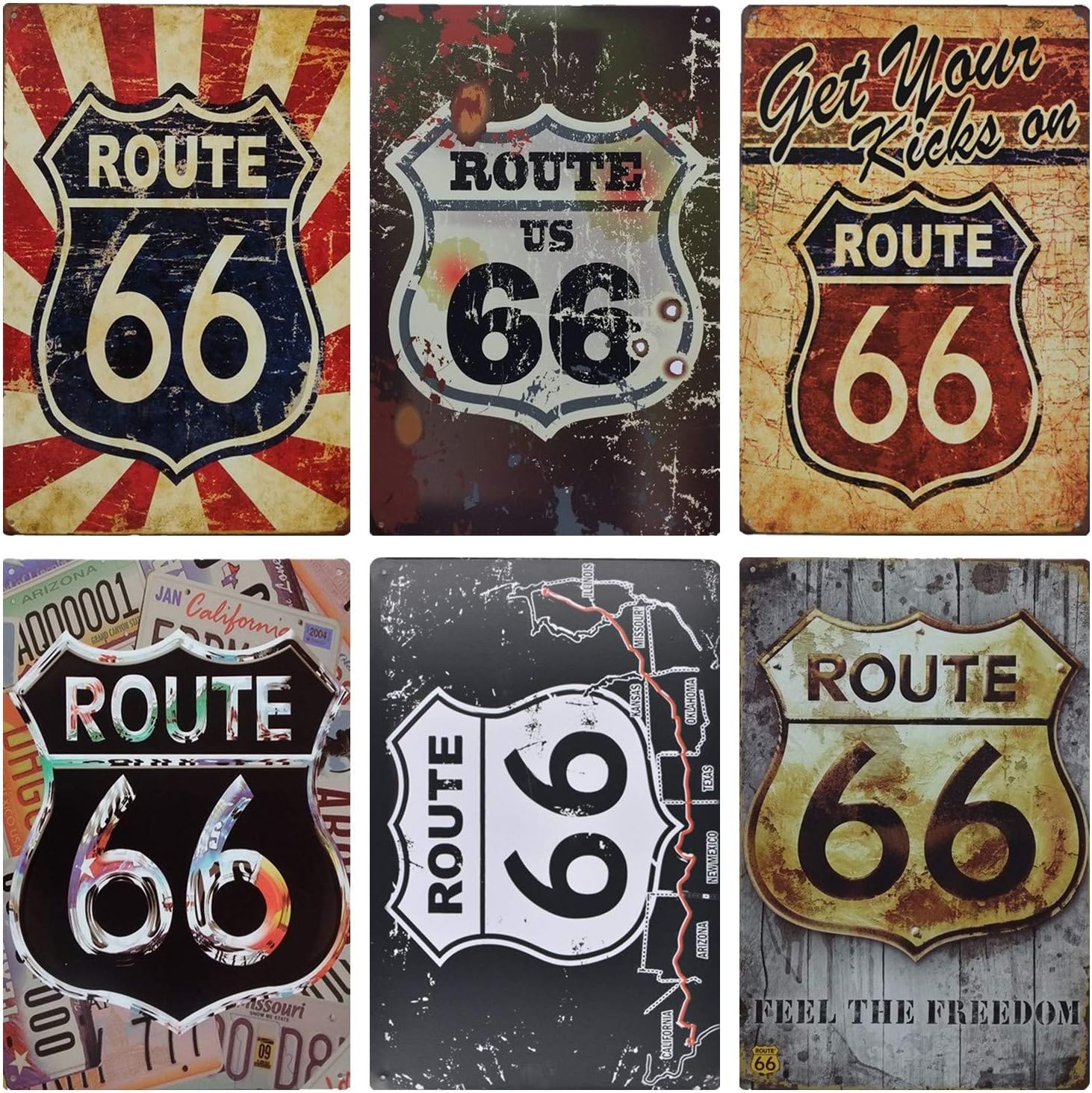 MGJJ Route 66 Retro Tin Sign for Home Decoration 6pcs 30cm20cm (7.8711.81inch)