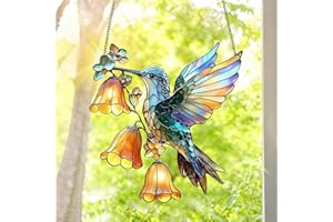 1PC Colorful Acrylic Suncatcher Hanging, Hummingbird with Lanterns 7.08 inch Window Decor with Printed Stained Glass Style De