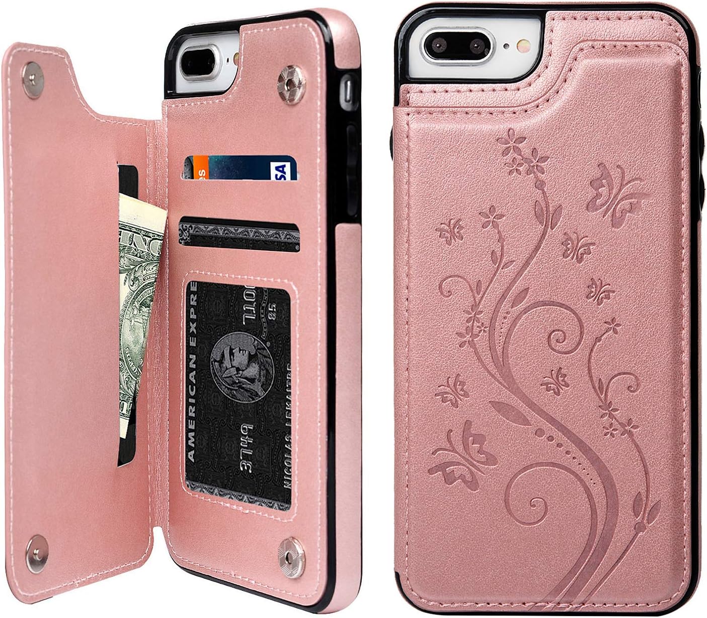 SUPWALL iPhone 7 Plus Wallet Case with Card Holder, iPhone 8 Plus Cover Premium PU Leather Kickstand Card Slots Shell Magnetic Clasp Skin for iPhone 7 Plus & 8 Plus, Gold