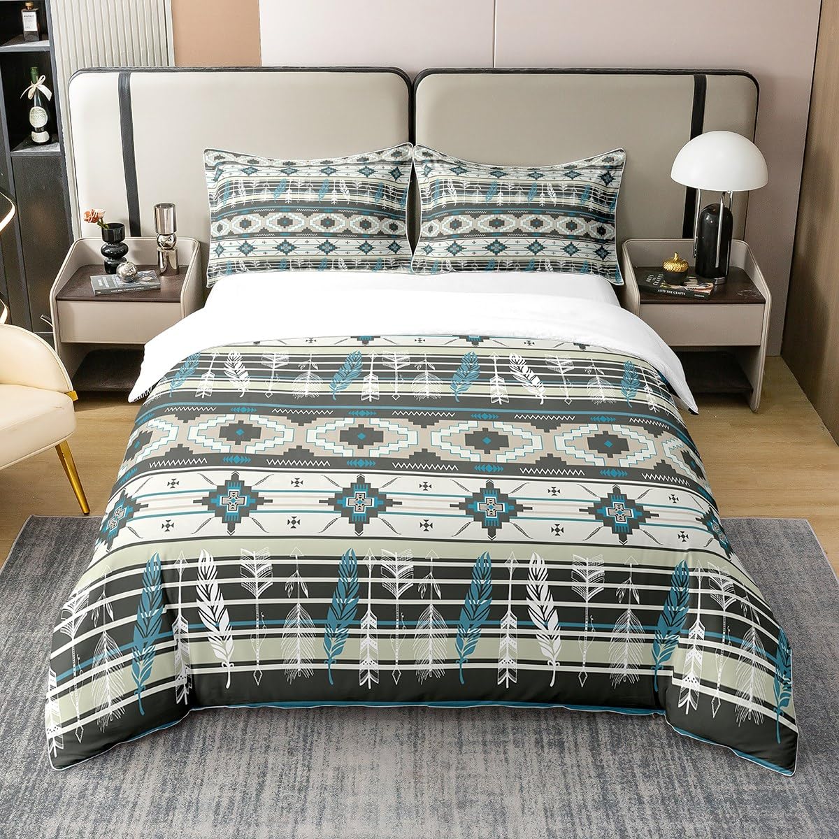Homewish Ethnic Tribal Arrow 100% Cotton Duvet Cover Double, Aztec Western Bedding Set,African Tribe Exotic Dreamcatcher Feather Comforter Cover,Nordic Southwest Native Bed Sets with 2 Pillowcases