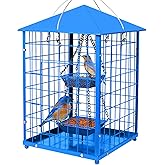 Mosloly Bluebird Feeders Squirrel-Proof, 7 lbs, Large Heavy Metal Caged Mealworms Blue Bird Feeders for Outside, Weatherproof Wild Bird Feeder,2 Layer Seed Cups(Blue)